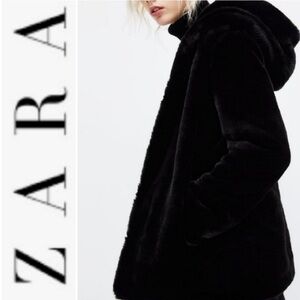 Zara Women's Elegant Black Teddy Hooded Oversized Jacket